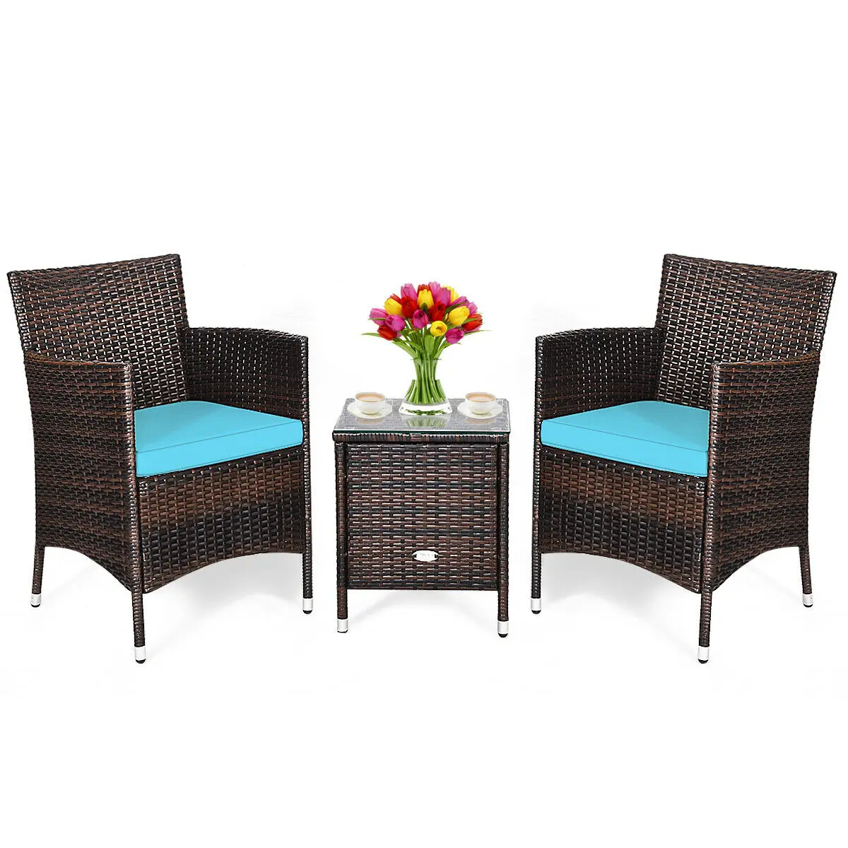 Costway Outdoor 3 PCS PE Rattan Wicker Furniture Sets Chairs Coffee Table Garden HW63850