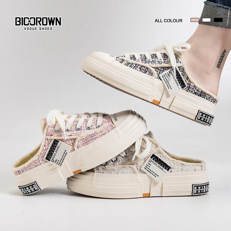 

2023 Spring Summer New Women Canvas Slippers No Back White Sneakers for Girls Nice Quality Students Casual Shoes Pink B050