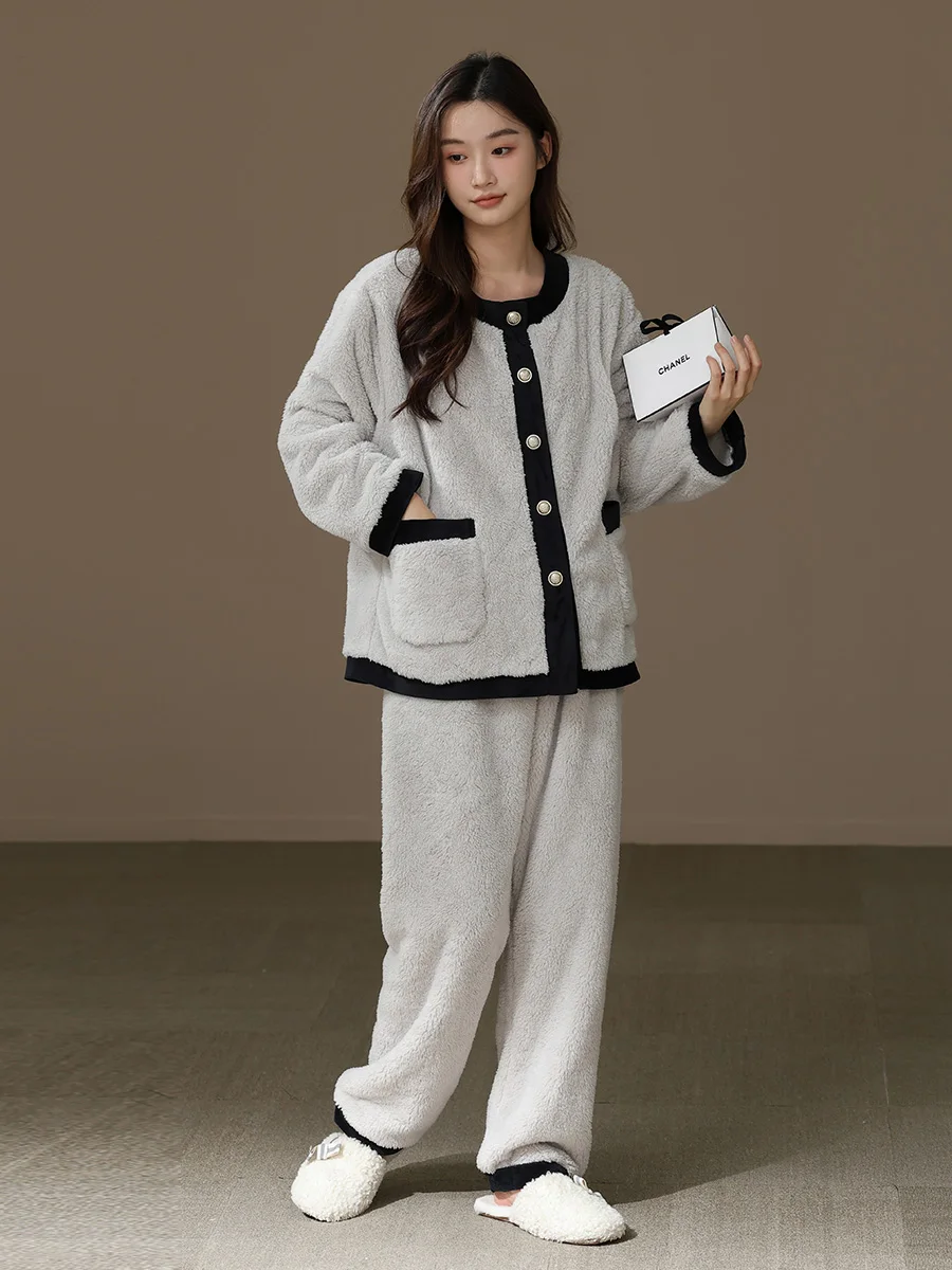 [Утолщенная флисовая подкладка] Женские теплые пижамы осенне-зимний комплект из