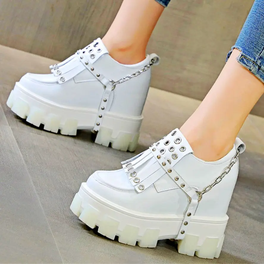 Height Increasing Punk Pumps Women's Cow Leather Round Toe Ankle Boots Tassel Rivets Buckle High Heels Creeper Oxfords Party Sho