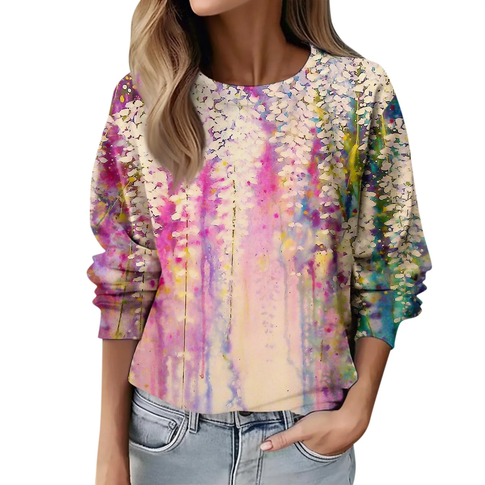 

Женский свитшот с длинным рукавом, повседневный Свободный пуловер, свитер, женская блуза с цифровым графическим принтом, топы с круглым вырезом и цветочным принтом, осень 2023
