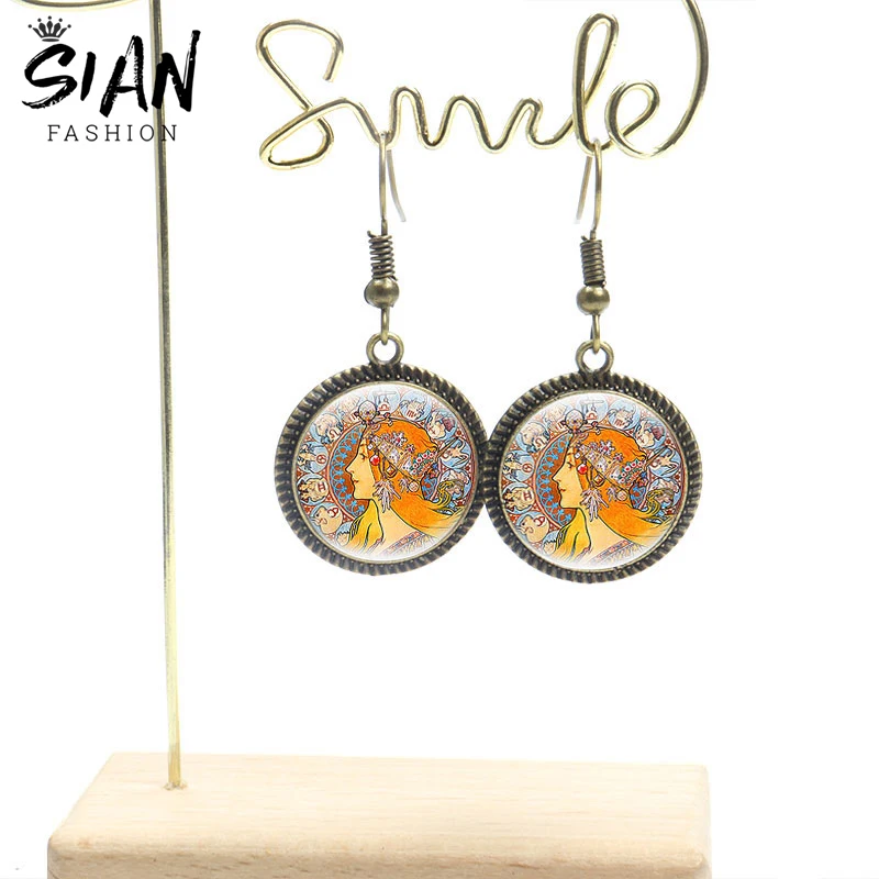 

Fish Hook Alphonse Mucha Art Picture Drop Earrings for Women Round Dangle Earrings Glass Dome Handmade Jewelry Wholesale Gifts