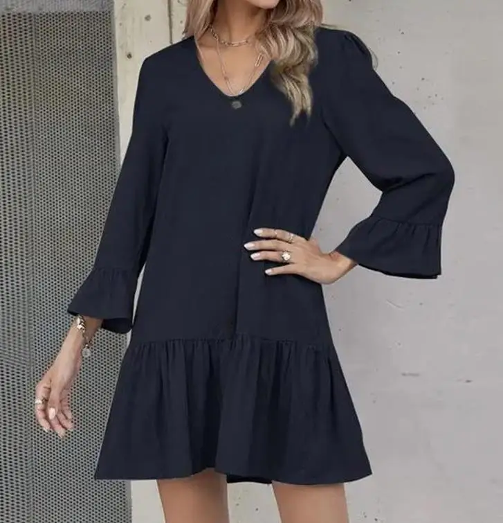 

Spot 2023 New Women's Casual Fashion Spring/summer Loose Neck Pleated Flare Flare Middle Sleeve Cotton Linen Dress