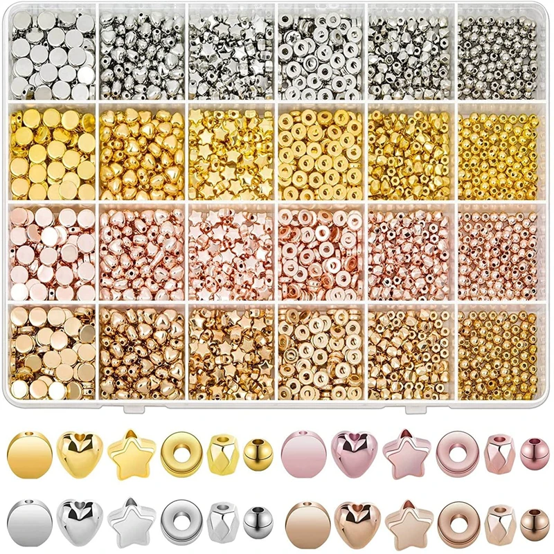 

QXTC 2160pcs Plated Gold Spacer Beads Set 4 Colors Flat & Round Beads For Bracelet Necklce Making Gold Beads Accessories Kit DIY