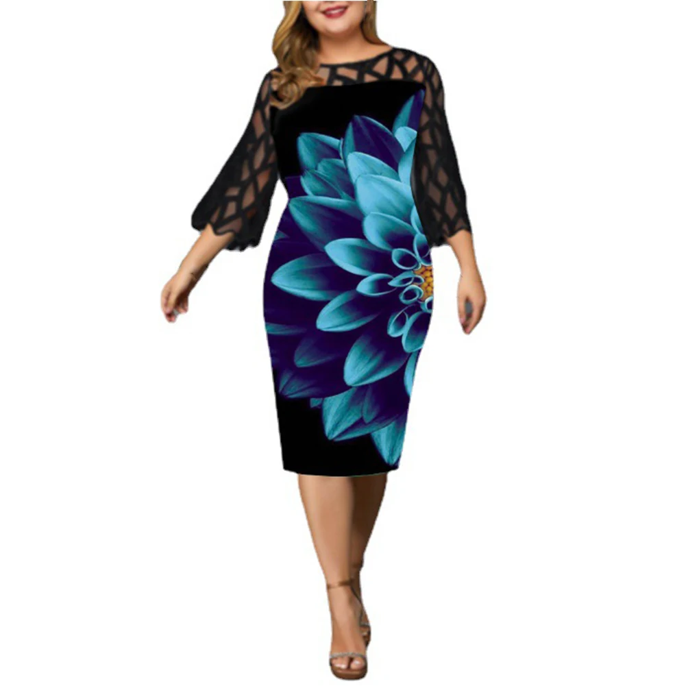 

New Style XL~5XL Plus Size Women Lace Printed Midi Dress Ladies Cocktail Club Evening Party Dress Soft And Comfortable