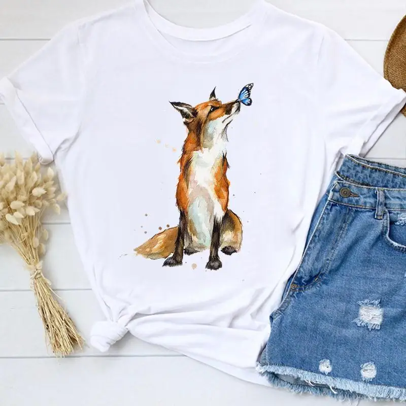

Женская футболка с коротким рукавом, летняя повседневная футболка с принтом животных и бабочек