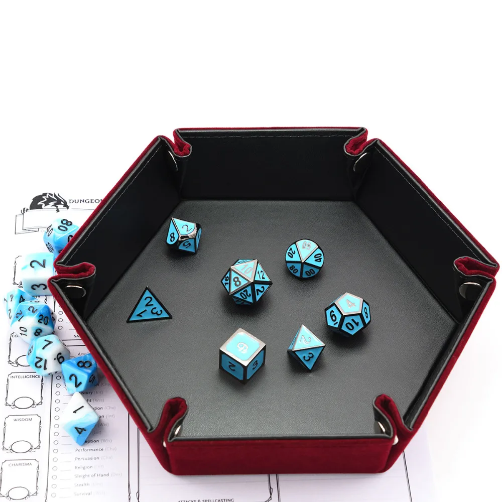 Hexagon Folding Dice Tray with Red Velvet for Using Dice Games and Storage Keys Coin Jewelry Rinkets Pu Tray Desktop Storage Box