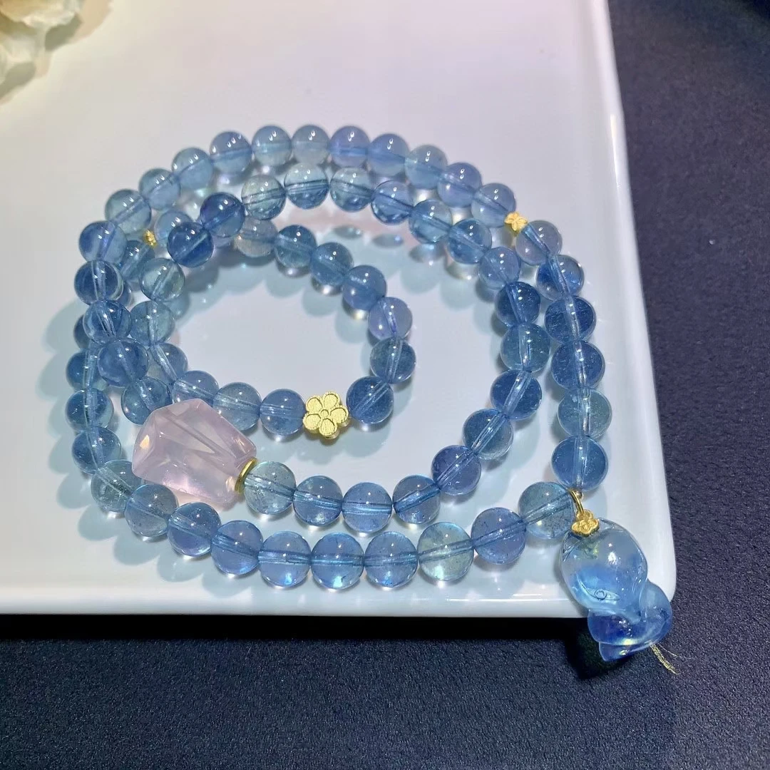 

Natural Blue Aquamarine 3 Laps Beads Bracelet Jewelry Crystal 7.7mm Fox Pendant Aquamarine Beads Women Men AAAAAAA