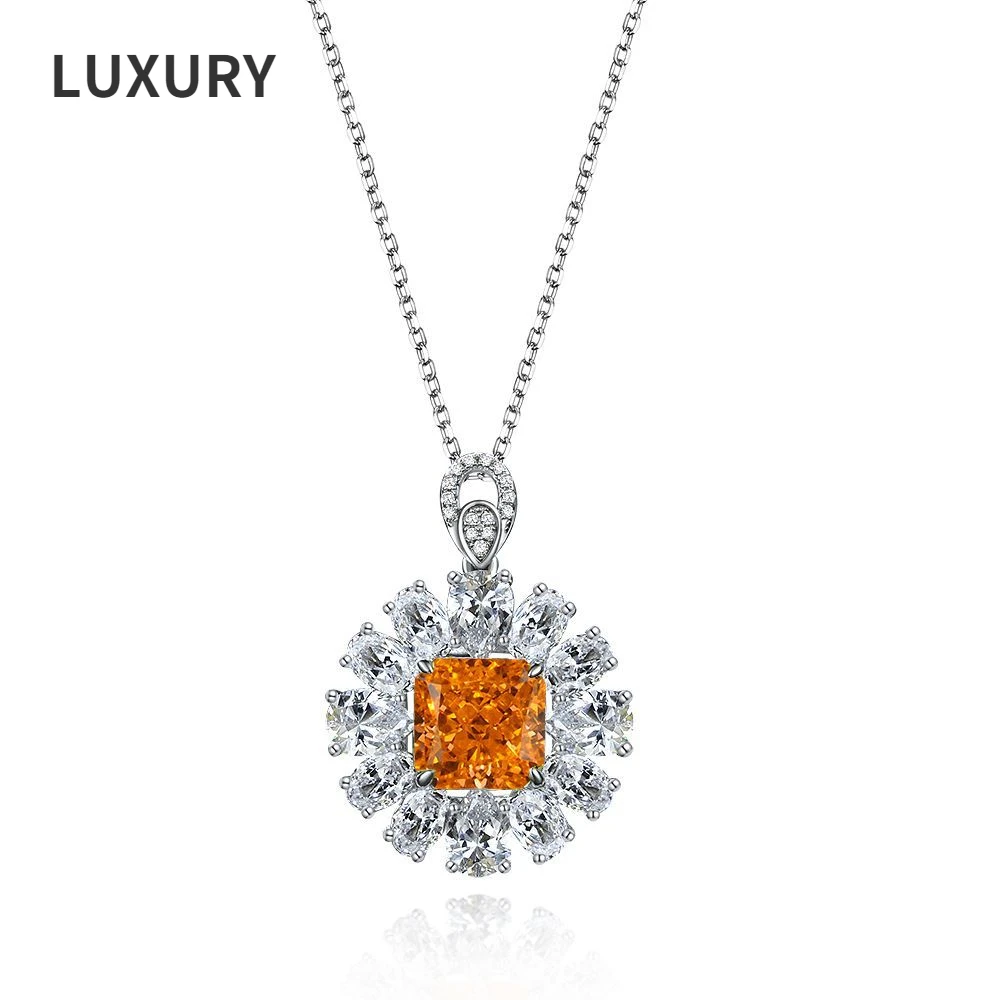 

Luxury S925 Silver 10*10 mm ice flower rose orange high carbon diamond pendant necklace For Women Sparkling Wedding Fine Jewelry