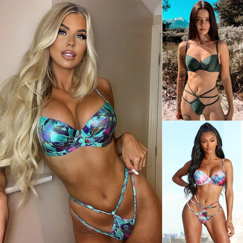 

ICNGLKSND женские купальники из двух частей комплект бикини с принтом бюстгальтер пуш-ап топы с высокой талией ажурные трусики пляжная одежда ...