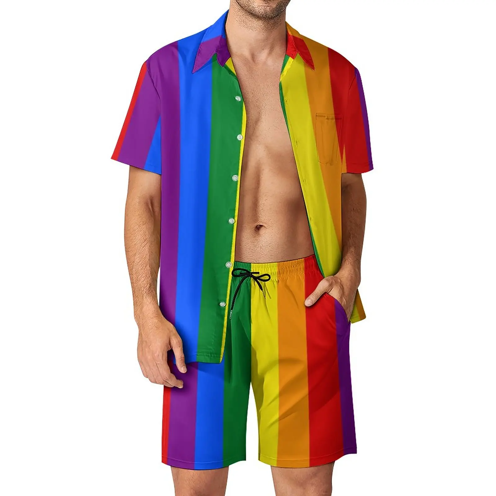 

LGBT Rainbow Men Sets Gay Pride Flag Print Vintage Casual Shirt Set Short Sleeve Shorts Summer Outdoor Suit Plus Size 2XL 3XL