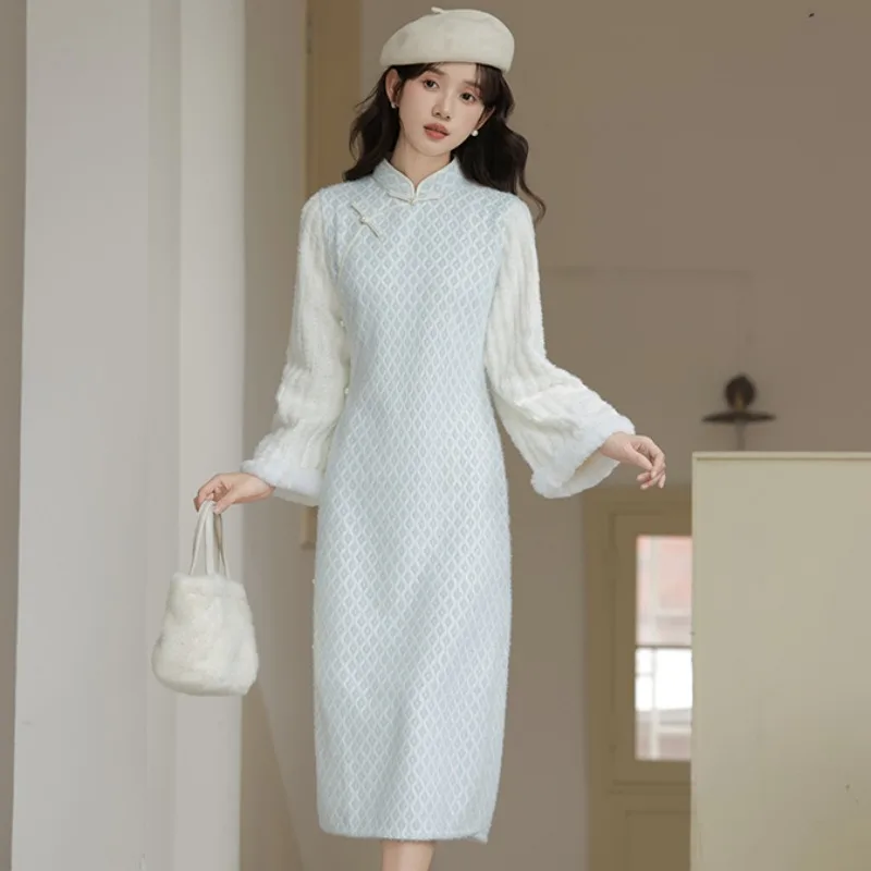 Новое китайское элегантное искусственное женское платье из двух предметов зима