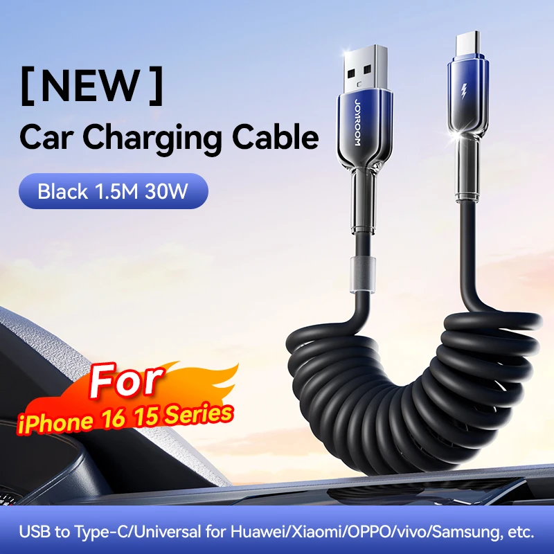 

Автомобильный сверхбыстрый зарядный кабель Joyroom USB Type C PD 60 Вт, пружинный телескопический автомобильный зарядный кабель для iPhone 16 15 Pro Max Android
