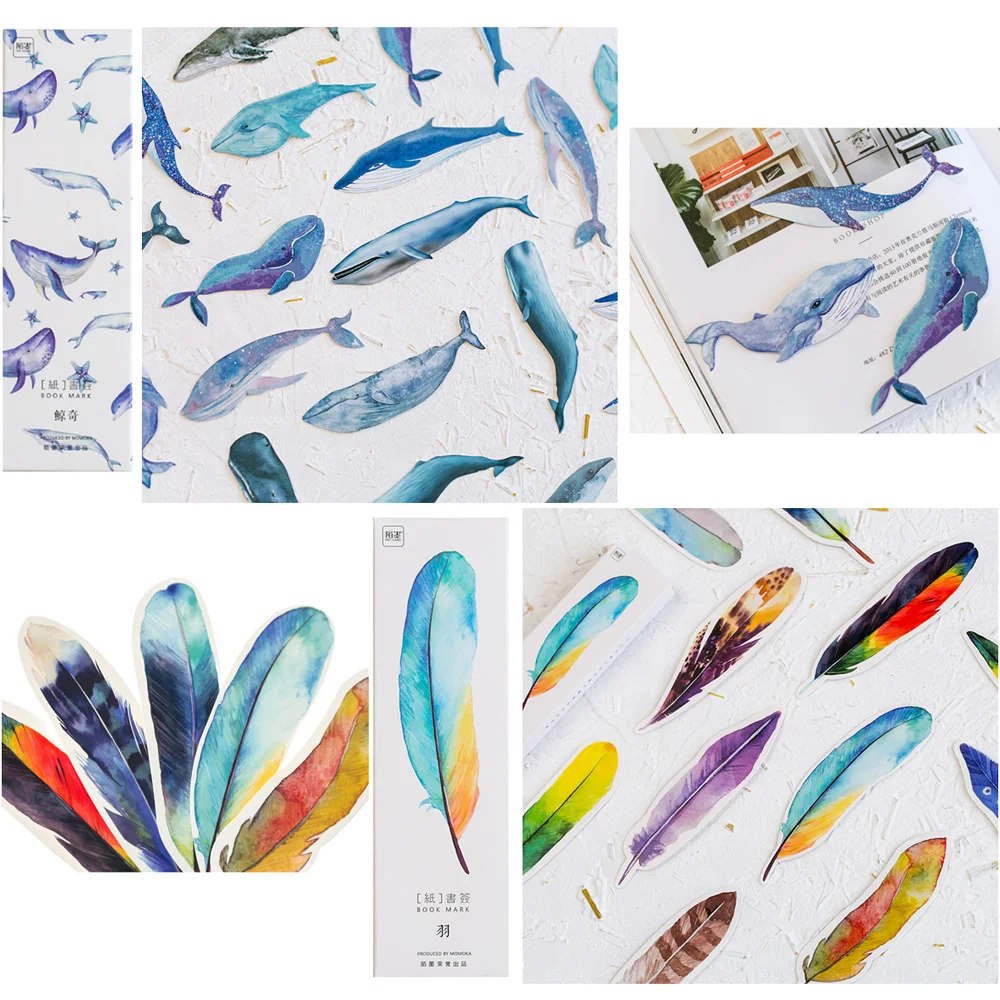 

30pcs Feather / Whale Paper Bookmarks Colorful Stationery Notes 30 Animal Shape Cards
