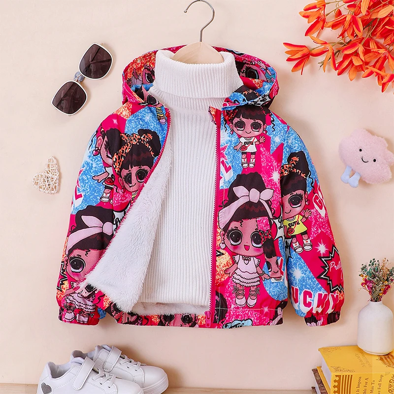 Детская демисезонная плюшевая куртка с капюшоном и мультяшным принтом для