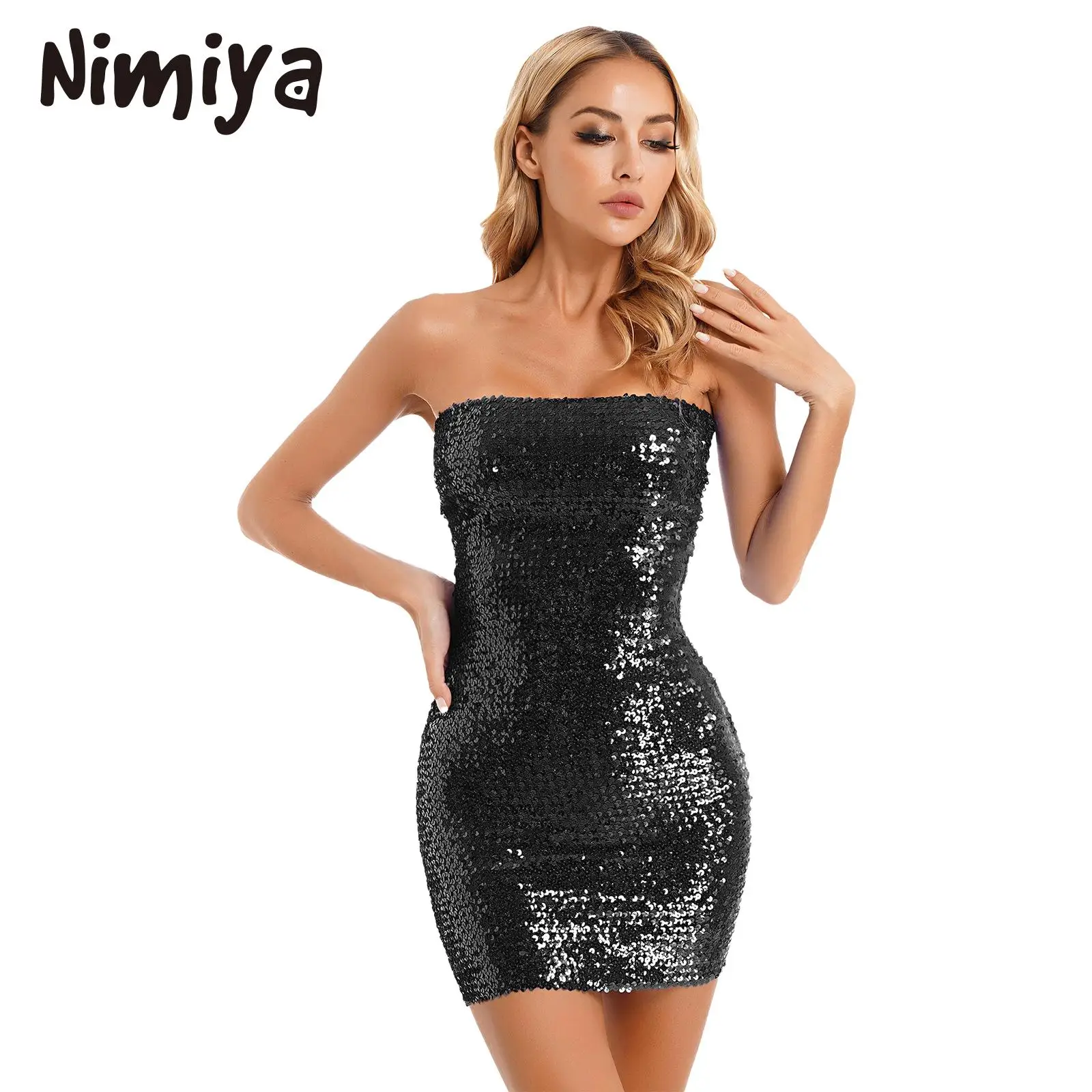 

Nimiya Womens Strapless Short Satge Dance Dress Glitter Club Party Bodycon Dresses with Sparkling Sequins for Stage Performance