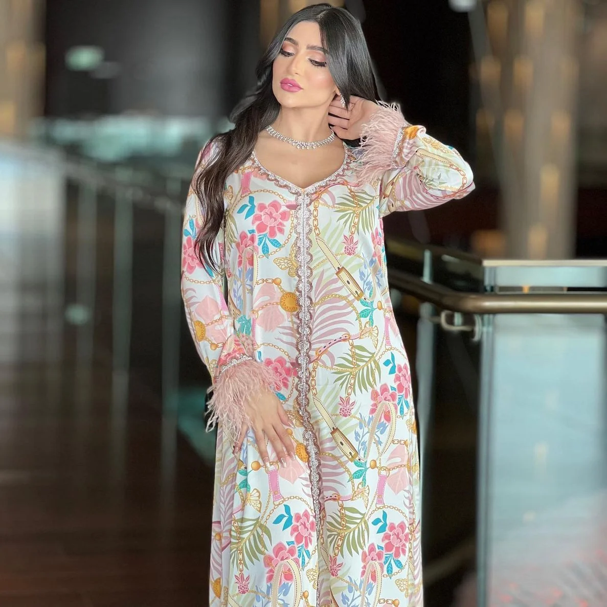 Muslim Costume Fashion Gown Dubai Hot Drilled Camelbird Mosaic Print Dress