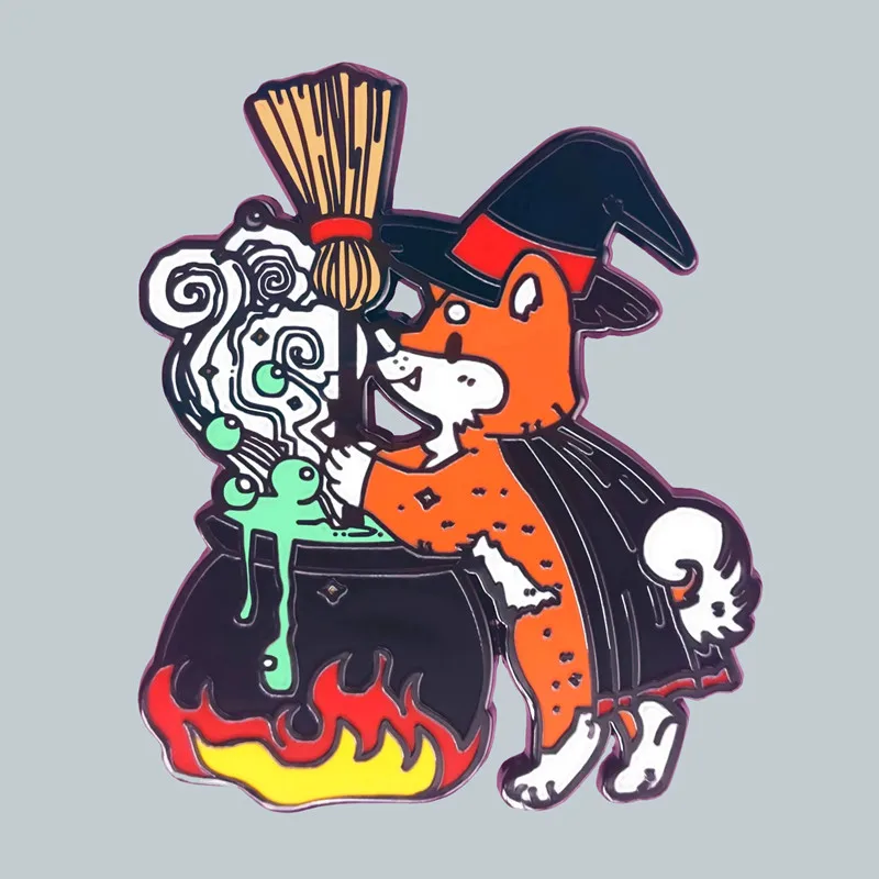 

Gothic Witch Dog Making Magic Potion Enamel Brooch Pin Brooches Lapel Pins Badge Denim Jacket Jewelry Accessories