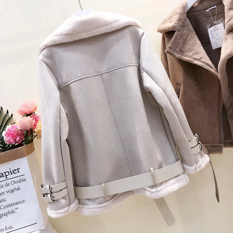 Women Winter Suede Lambs Wool Jacket Female High Streetwear Plus Cashmere Thicken Warm Long Sleeve Shearling Fur Sheepskin Coats