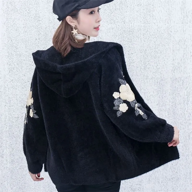 New Women Autumn Winter Thicken Warm Faux Mink Cashmere Hooded Cardigan Female Embroidery Loose Casual Knitted Sweater