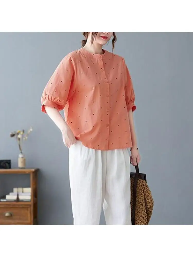 

New 2022 Summer Women Cotton Linen Printing Blouses Shirts Casual O-neck Loose Lantern Sleeve Shirt Tops Versatile M193