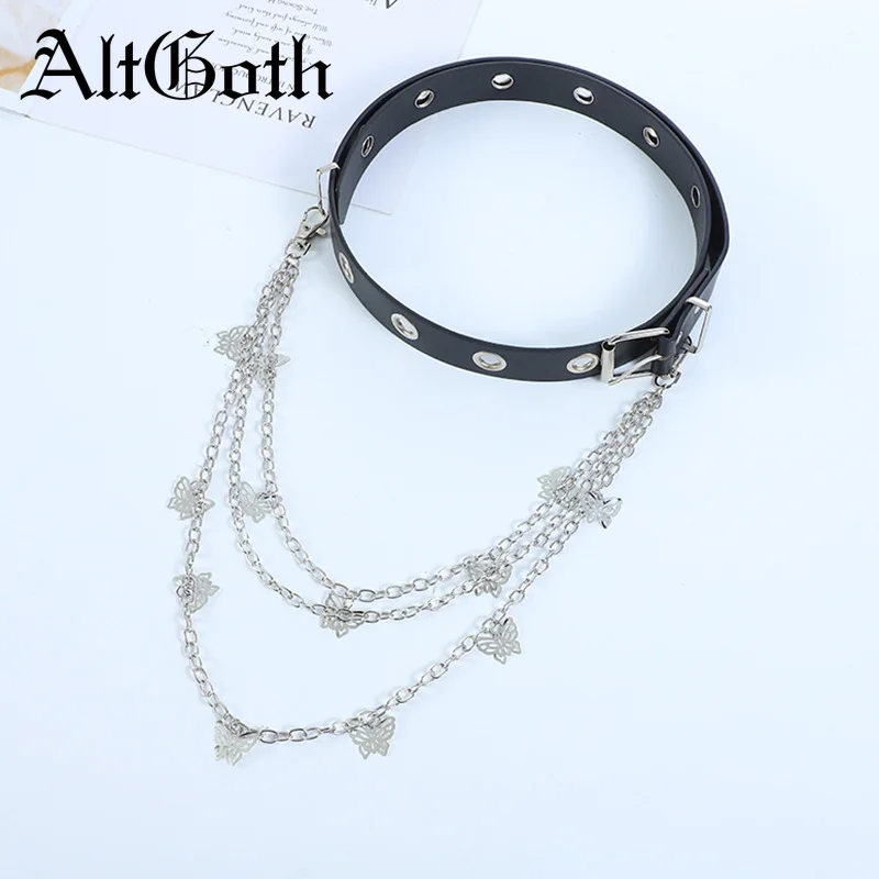 

AltGoth Streetwear Punk Chain Pu Belt Women Mall Gothic Y2k E-girl Ring Chain Hip Hop Cyberpunk Belt Butterfly Cross Accessories