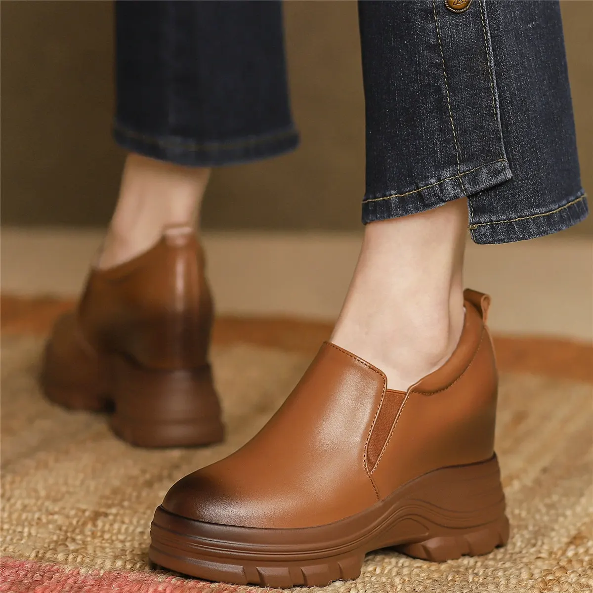 2022 Fashion Sneakers Women Genuine Leather Chunky High Heels Motorcycle Boots Female Round Toe Platform Pumps Shoe Casual Shoes