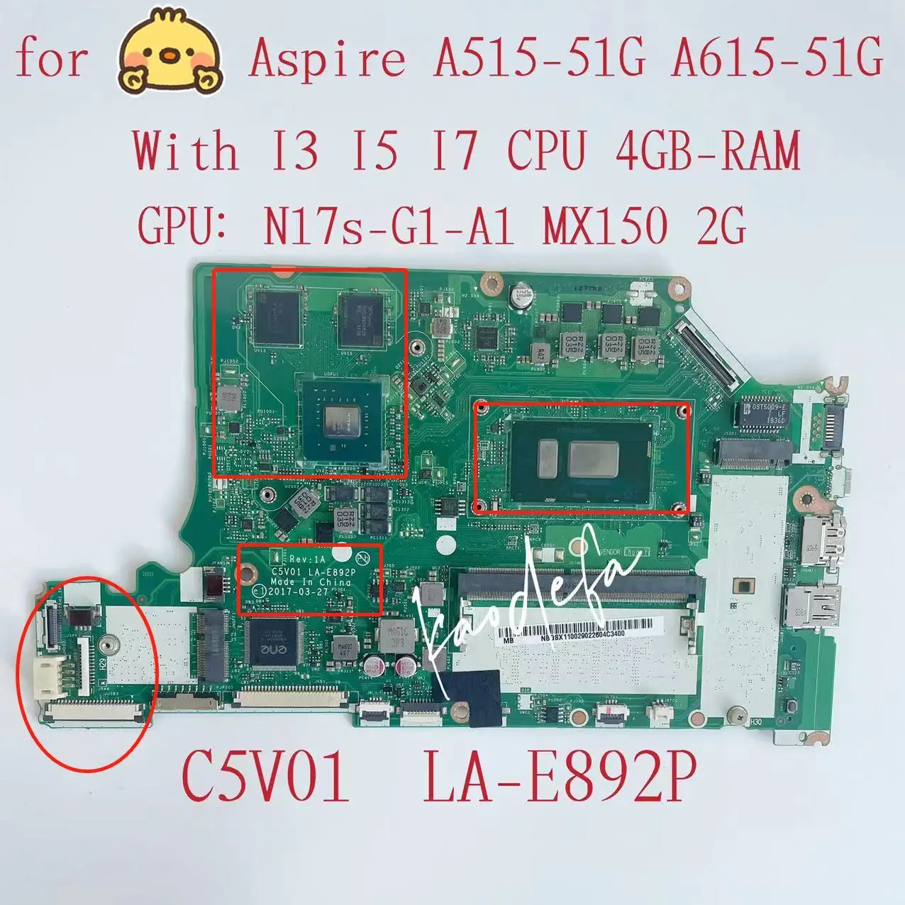 

Материнская плата C5V01 для ноутбука Acer Aspire LA-E892P, материнская плата для ноутбука с процессором i3 i5 i7, графический процессор: A515-51G 150, 2 Гб ОЗУ: 4 Г...
