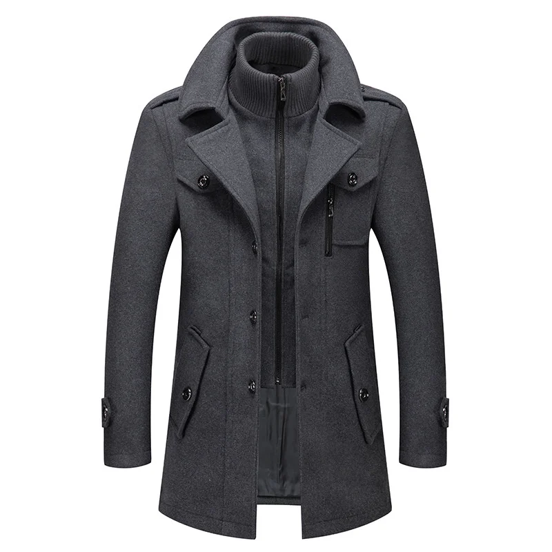 

New Winter Mens Wool Blends Coats Solid Color Thick Warm Woolen Overcoat Double Neck Trench Coat Men Single Breasted Windbreaker