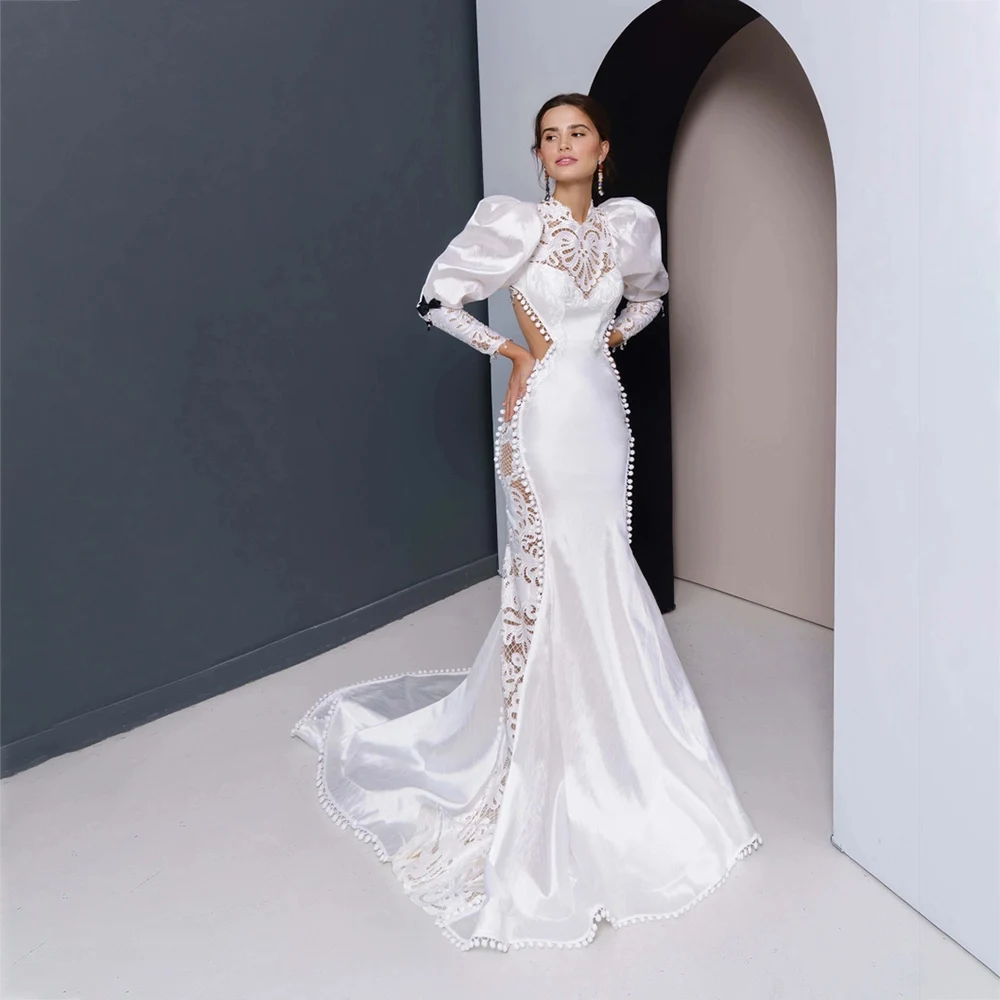 

UETEEY Sexy Wedding Dress Lace Top Long Sleeves Mermaid Bride Gown Backless Sweep Train Vestido De Novia 2022