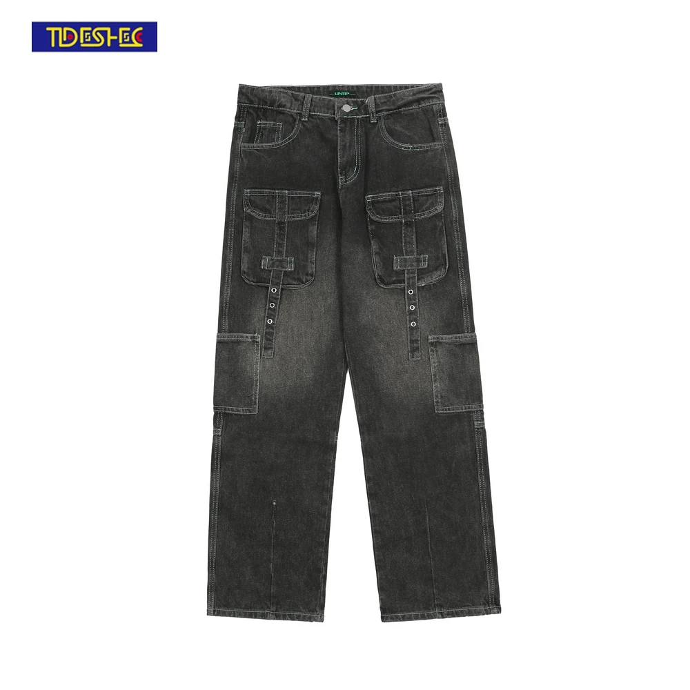 

High Quality Retro Jeans Casual Straight Leg Pants Pocket Trousers Men's and Women's Fashion Streetwear Plus Size Denim Jeans