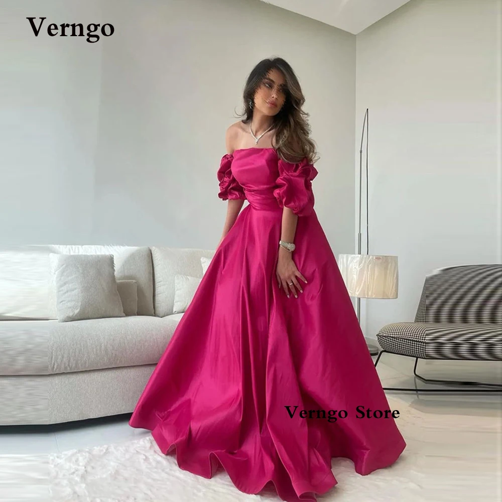

Verngo Fuschia Taffeta A Line Long Evening Dresses Strapless Puff Sleeves Strapless Saudi Arabic Women Formal Party Prom Gowns