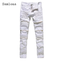 samlona plus size mens hip hop pants 2022 summer new sexy ripped trouser ruched pencil pants male fashion zipper pockets pant