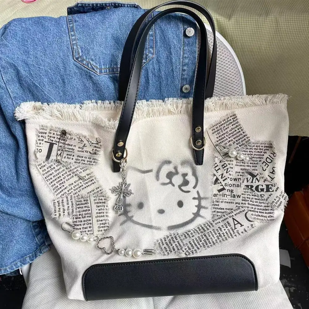 Hello Kitty Cat Bags Embroidered Y2K Canvas Shoulder Bag Tote Bag Casual Special-Interest Design Cute bags for girls handbags