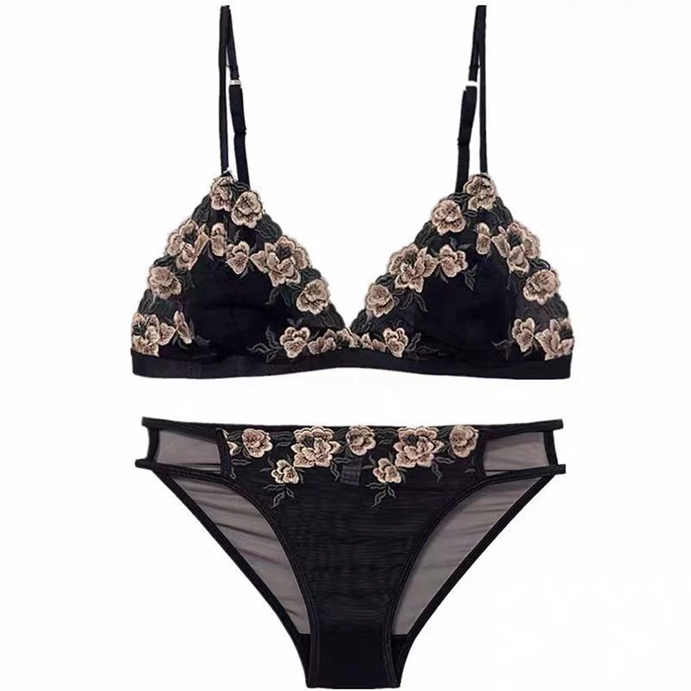 

Womens Ultra-thin Sheer Lace Bra Set See Through Breathable Soft Elastic Underwear Floral Embroidery Lingerie And Panties Set