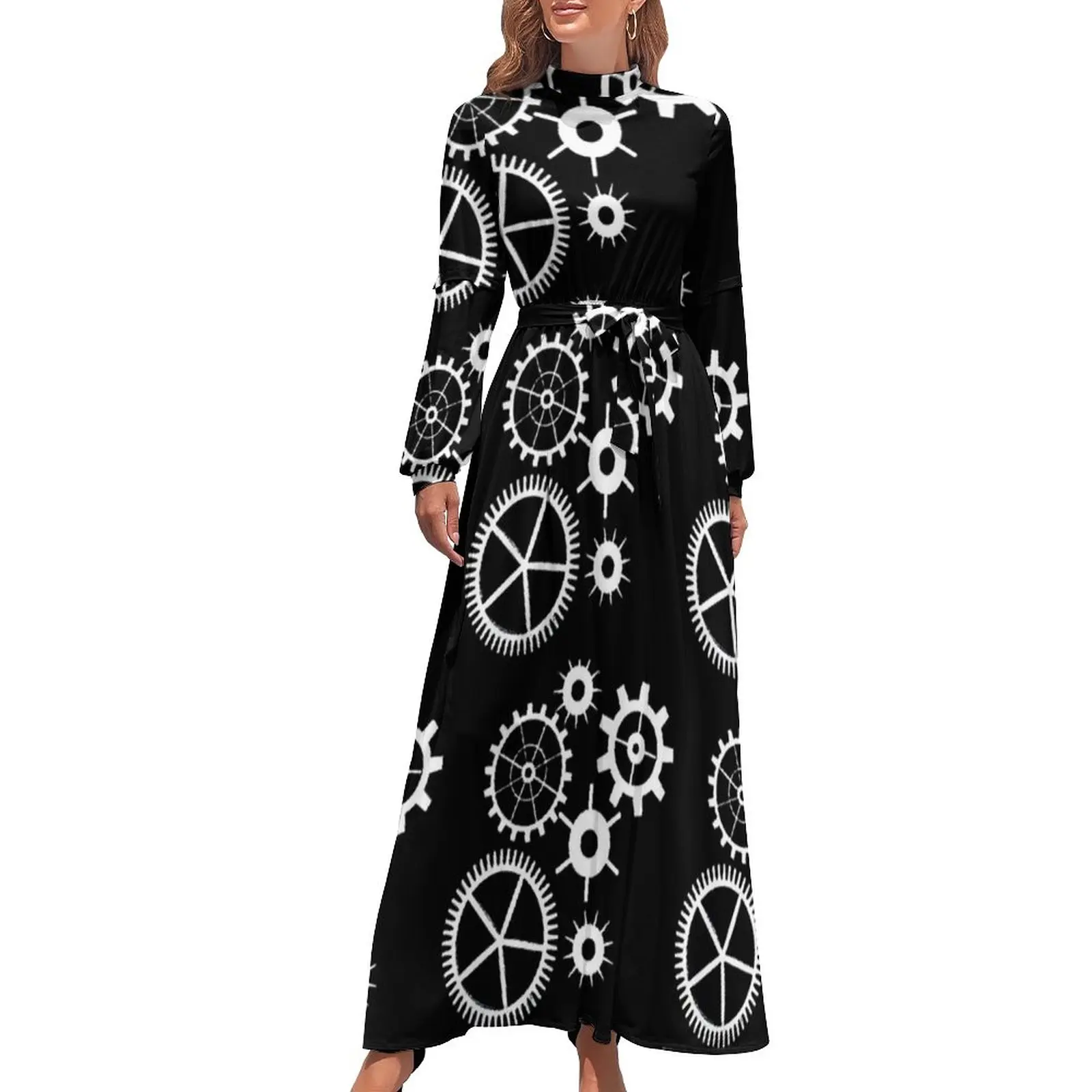 

Steampunk Black And White Dress Technology Gears Monochrome Party Graphic Maxi Dress Long Sleeve Street Style Beach Long Dresses