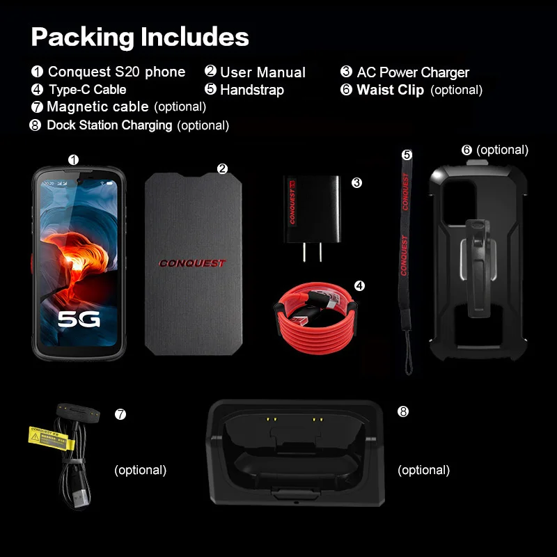 CONQUEST S20 5G Night Vision Smartphone IP68 Waterproof 48MP Four Camera 8GB RAM 256GB ROM 6.3 Inch Global Version Mobile Phones