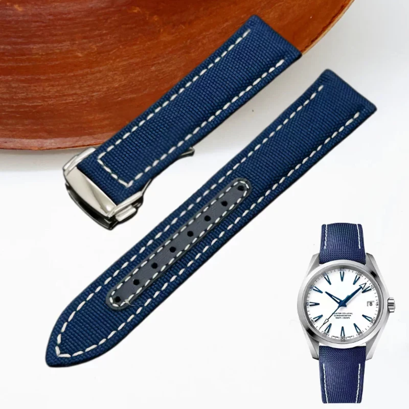 Фото Тканый ремешок для часов Omega Seamaster 300 AT150, 19 мм, 20 мм, из ткани, кожи, нейлона, AQUA TERRA 150, синий, черный. №1