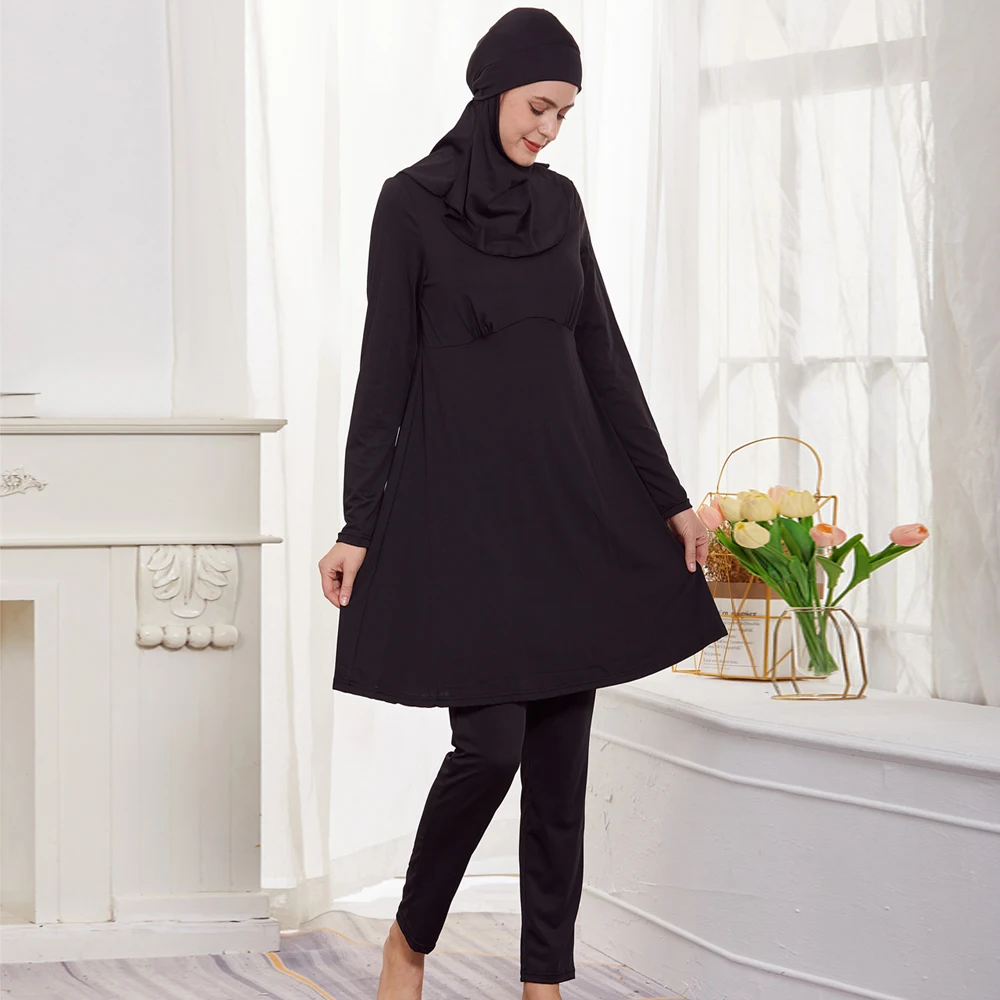 3PCS Muslim Swimwear For Women Long Sleeve Swimsuit Muslimah Swimming Burkini Turban Pants Maillots De Bains Musulmans Femme