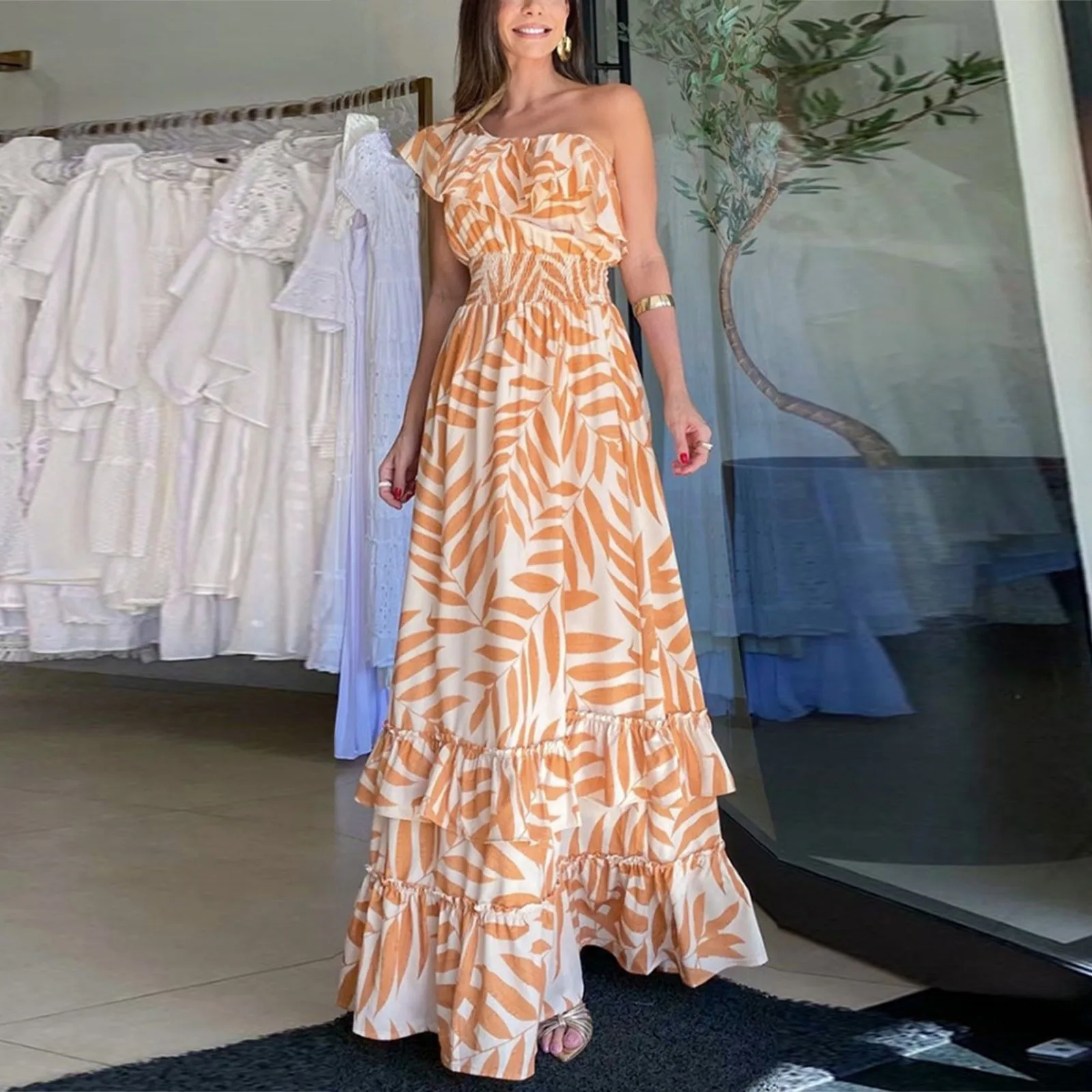 

Летнее свободное платье для женщин с открытыми плечами и коротким рукавом, Макси-платья с высокой талией в стиле бохо с цветочным принтом, женская одежда 2023, Повседневное платье