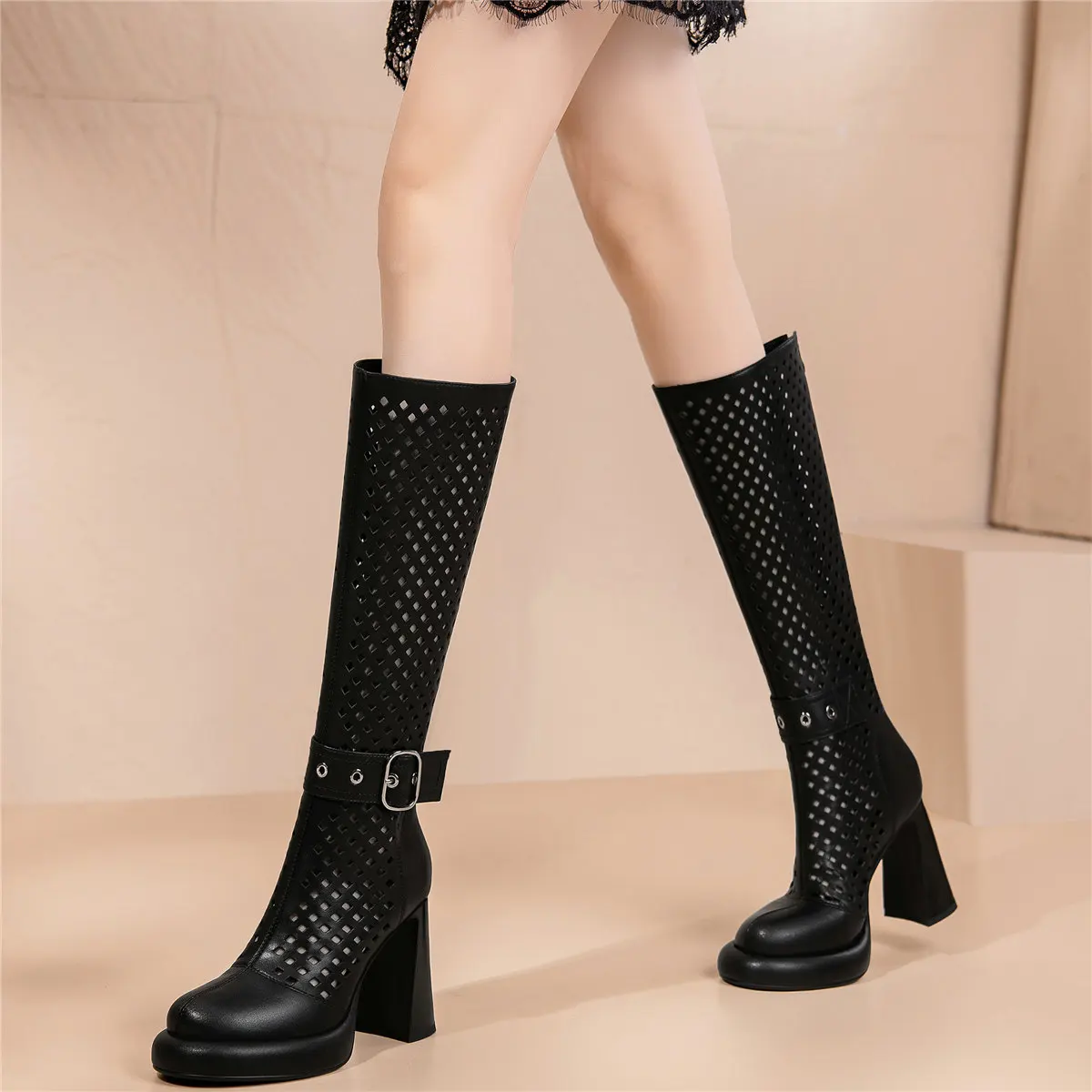 2023 Summer Platform Pumps Shoes Women Hollow Genuine Leather Thigh High Boots Female Round Toe Gladiator Sandals Casual Shoes