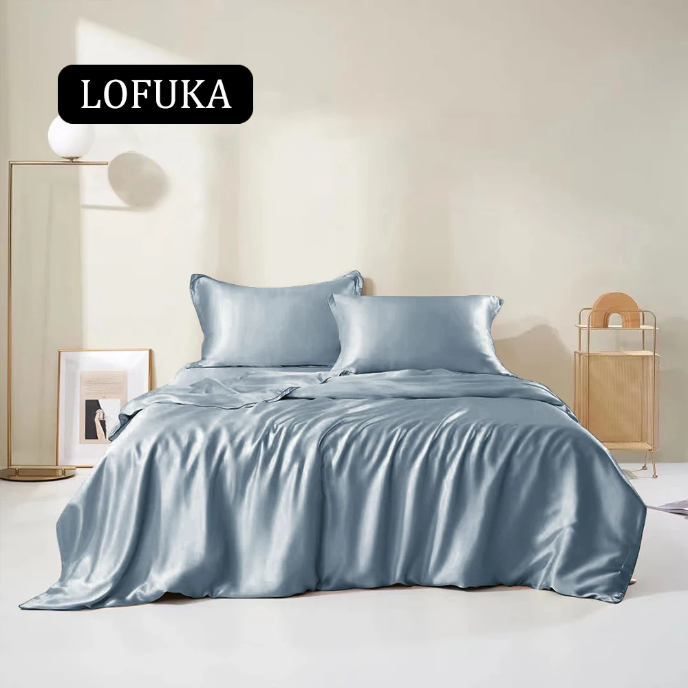 

Lofuka Luxury Blue Gray 100% Silk Bedding Set Silky Quilt Cover Flat Sheet Fitted Sheet Queen King Bed Linen Set Pillowcase 4PCS