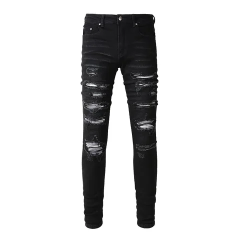 Мужские Плиссированные байкерские джинсы, уличные обтягивающие зауженные Стрейчевые джинсы, рваные черные брюки в стиле пэчворк