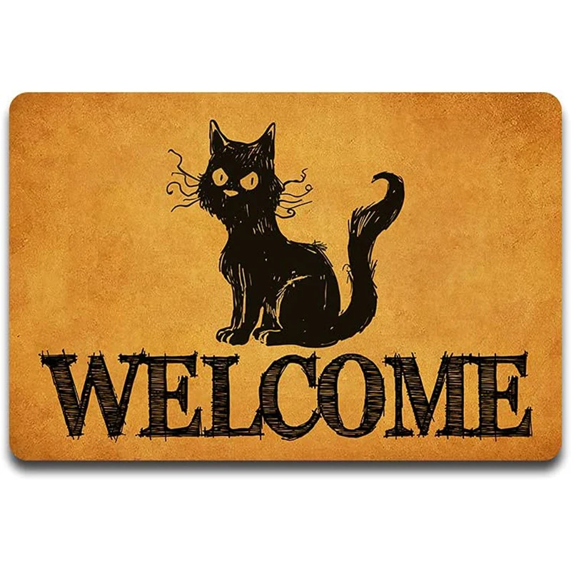 

Коврик для входной двери с забавной черной кошкой