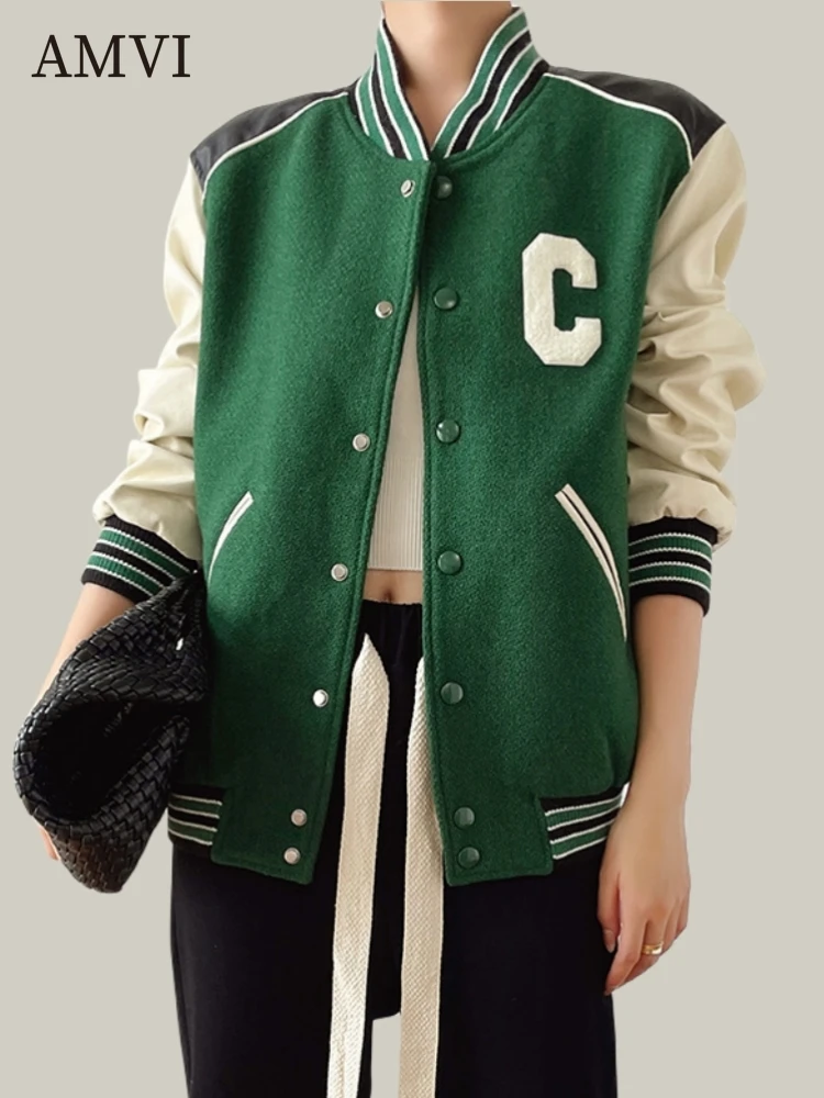 

Women Jacket Letter C Coats Baseball Uniform American Retro Tops Outdoor Sports Clothes High Quality Jackets Wool Tweed Coat New