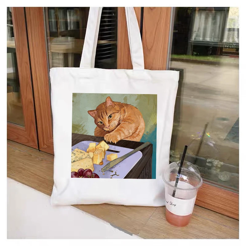 

Harajuku Cartoon Cat Vintage Canvas Bag Large Tote Kawaii Girls Shopping Bags for Women Shopper Ladies Reusable Hand Bags