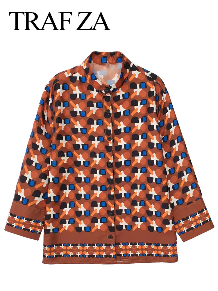 

TRAF ZA Popular Skin-Friendly Premium Commuter Women Clothing Fashion Loose Vintage Print Long Sleeve Single Breasted Blouse