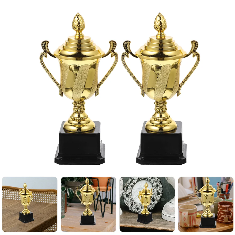 

2pcs Gold Award Trophies Portable Plastic Trophies Delicate Competition Winner Trophies