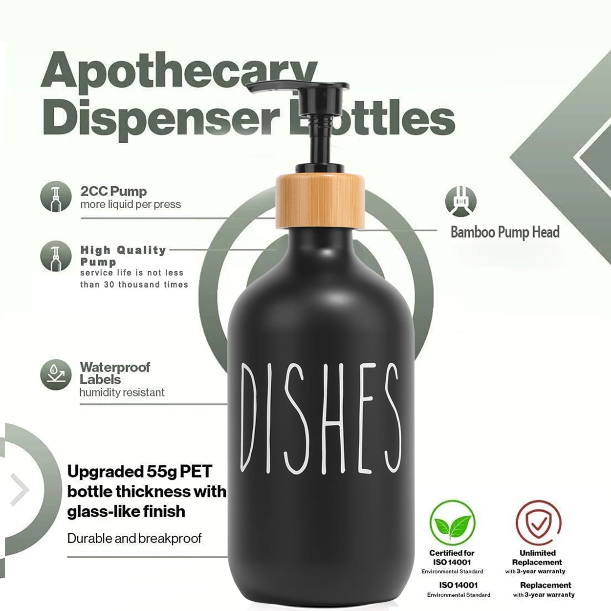 1set Black Dish Soap Dispenser Bamboo Kitchen Hands Dishes Detergent Storage Bottle Refillable Printing Container - купить по