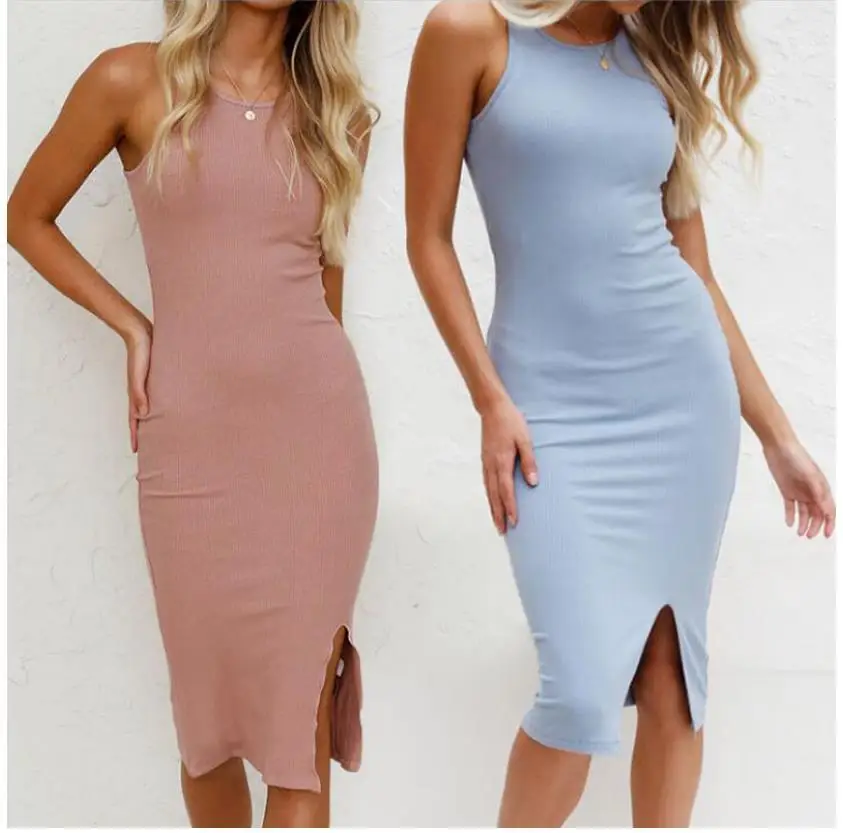 

SKMY New Women Clothing Solid Color Round Neck Sleeveless Midi Dress Sexy Club Outfits Party Bodycon Split Dress 2022 Summer